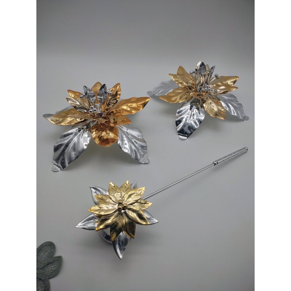 Vintage Dept 56 Christmas Poinsettia Gold Silver Metal Candle Holders & Snuffer